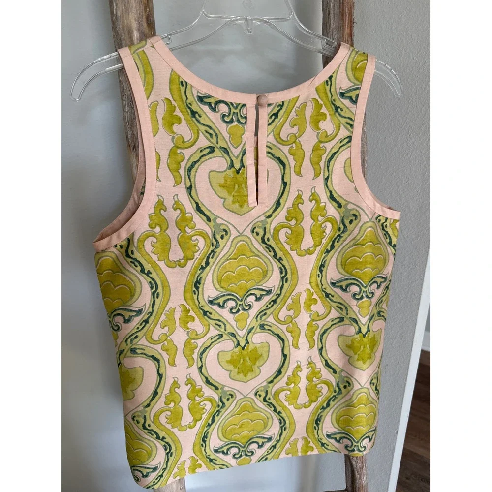 J.Crew silk shell top soft pink base ornate green filigree scroll print size 8